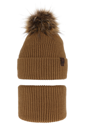 Ensemble d'hiver garçon: bonnet et snood, camel, avec pompon, Modus