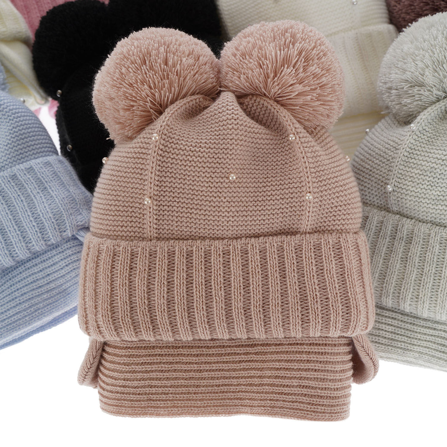 Ensemble d'hiver fille: bonnet et écharpe, violet, avec deux pompons, lié, Fibien
