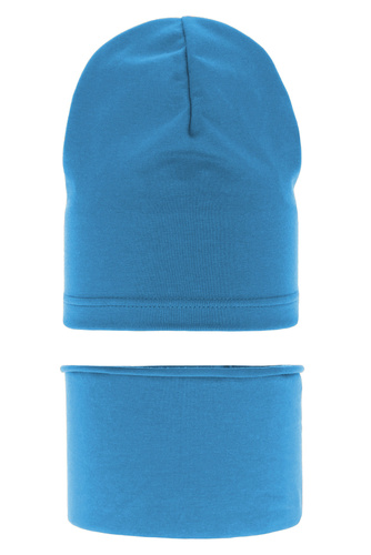 Ensemble automne/printemps garçon: bonnet et snood, bleu, en coton, Hazel