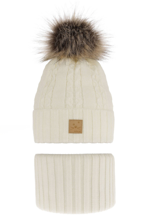 Ensemble d'hiver fille: bonnet et snood, crème, avec pompon, Alexia
