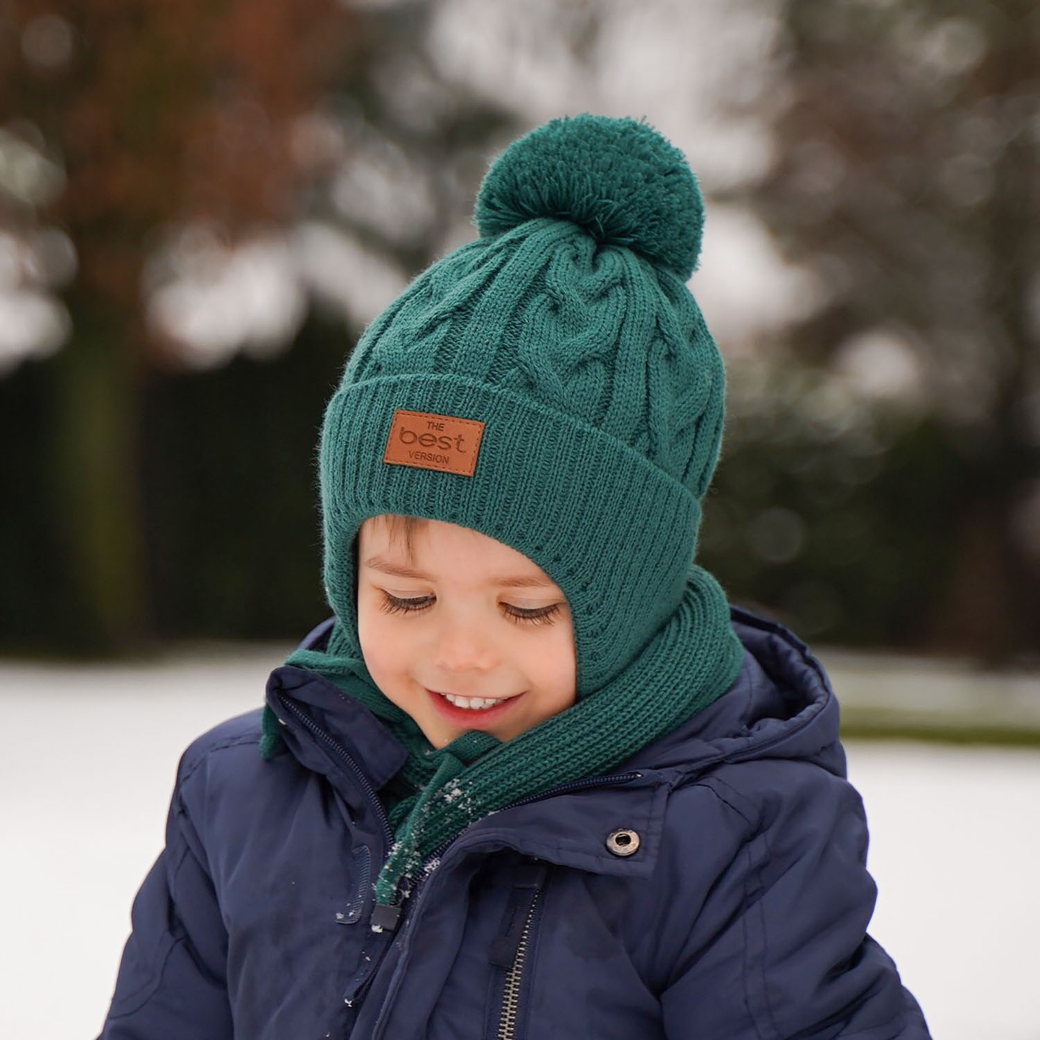 Ensemble d'hiver garçon: bonnet et écharpe, bleu marine, avec pompon, Remix