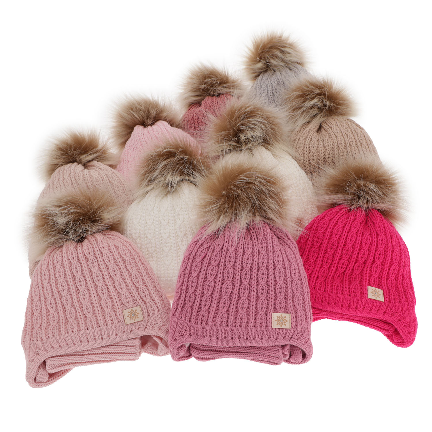 Ensemble d'hiver fille: bonnet et snood, rose clair, avec pompon, avec liens, Passa