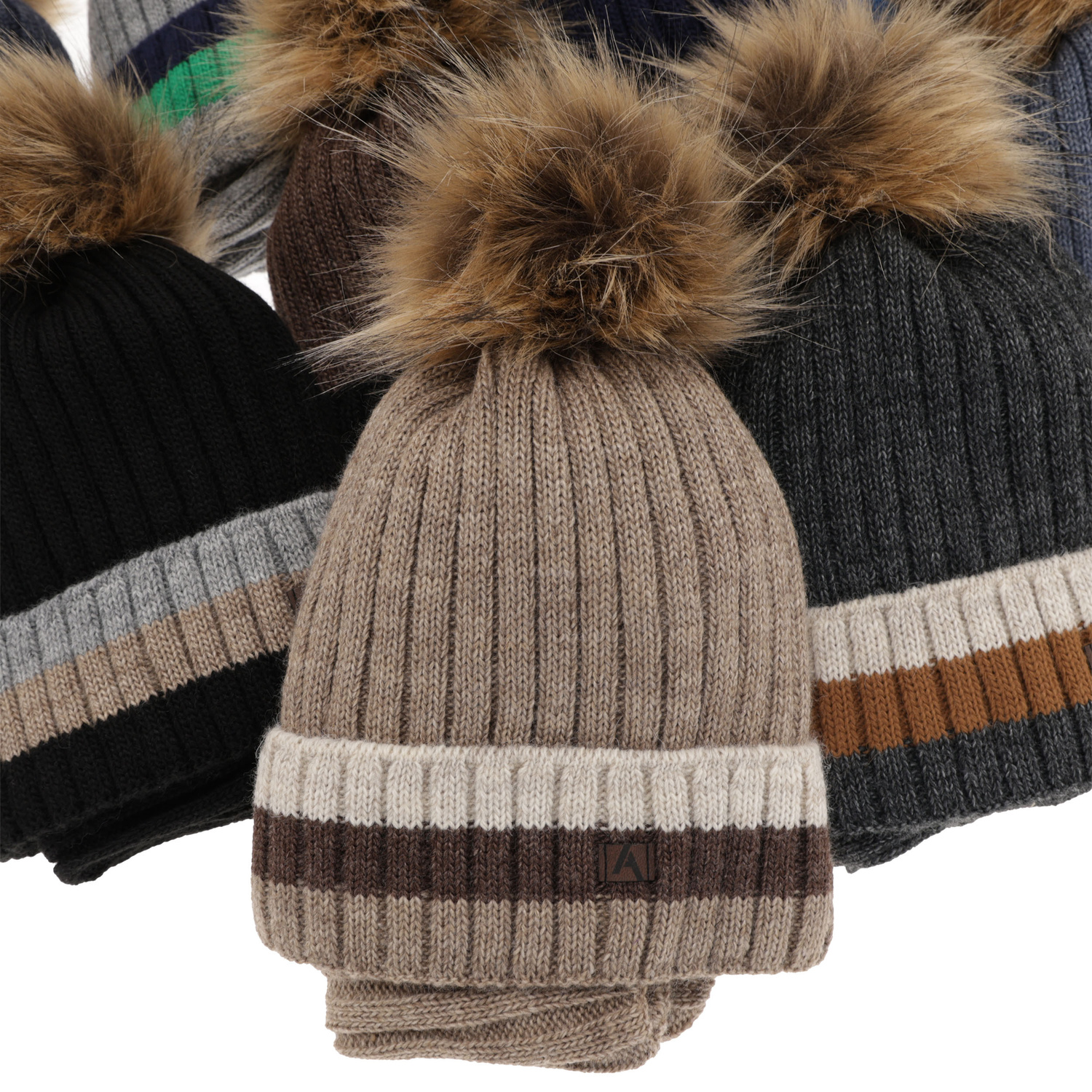 Ensemble d'hiver garçon: bonnet et snood, brun, avec pompon, doublé de polaire, Beno