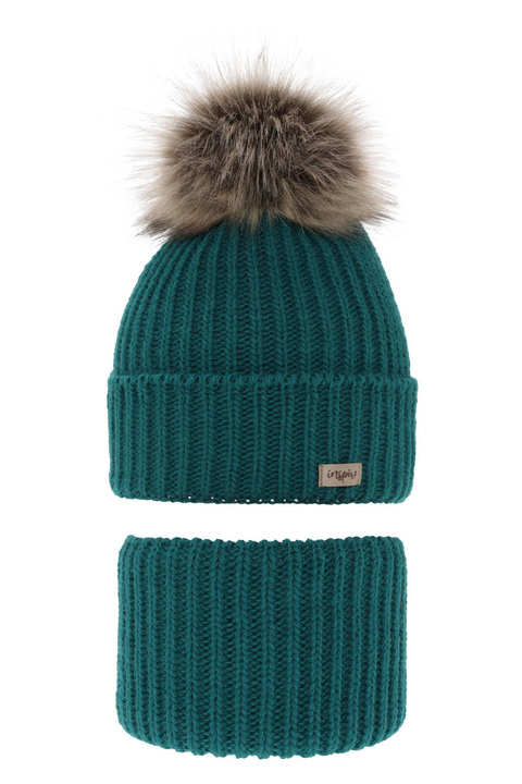 Ensemble d'hiver fille: bonnet et snood, vert émeraude, avec pompon, Willow