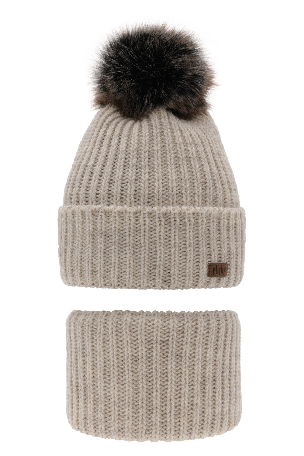 Ensemble d'hiver garçon: bonnet et snood, beige, avec pompon, Wonder