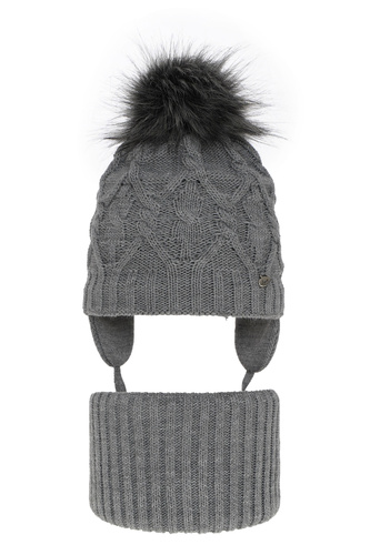 Ensemble d'hiver fille: bonnet et snood, gris, avec pompon, avec liens, Elena