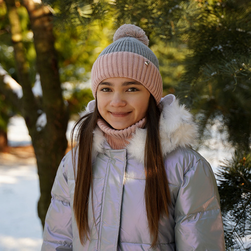 Ensemble d'hiver fille: bonnet et snood, gris, avec pompon, Kolumbina