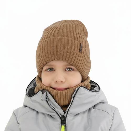 Ensemble d'hiver garçon: bonnet et snood, camel, avec laine mérinos, Gizmo
