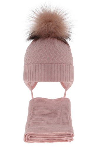Ensemble d'hiver fille: bonnet et écharpe, rose, avec pompon, avec liens, Zelta