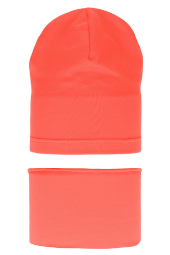 Ensemble automne/printemps fille: bonnet et snood, corail, en coton, Hazelka