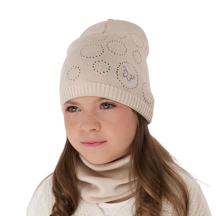 Ensemble automne/printemps fille: bonnet et snood, avec coton, beige, Amarilla