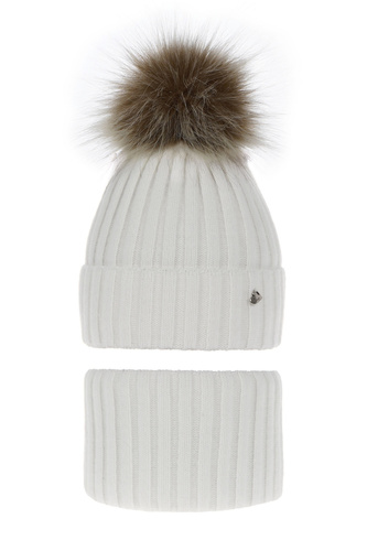 Ensemble d'hiver fille: bonnet et snood, blanc, avec pompon, Wilma