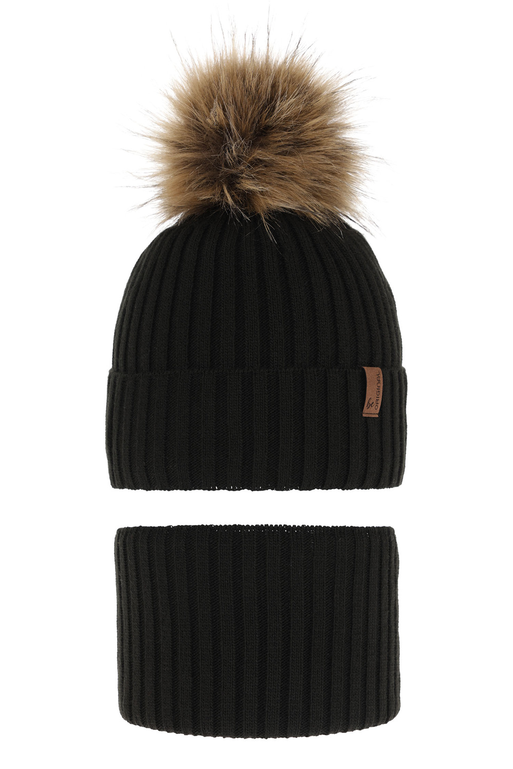 Ensemble d'hiver garçon: bonnet et snood, noir, avec pompon, Onyks