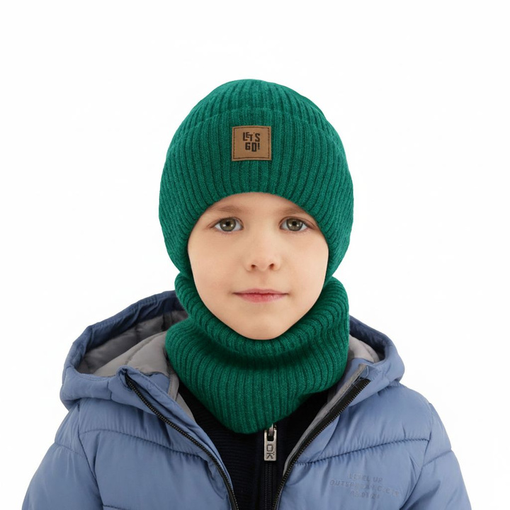 Ensemble automne/printemps garçon: bonnet et snood, avec laine mérinos, szmaragdowy Vanto
