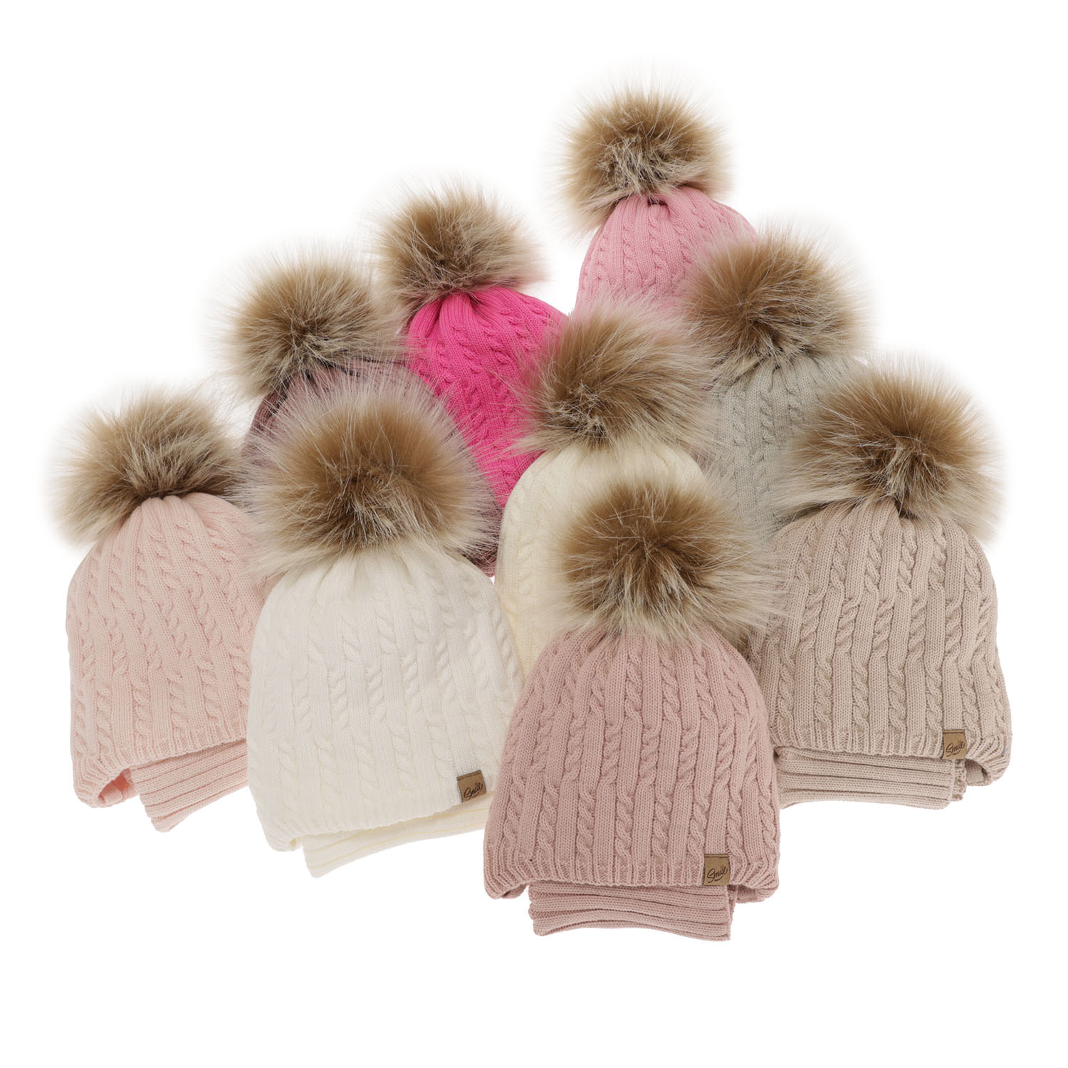 Ensemble d'hiver fille: bonnet et snood, crème, avec pompon, avec liens, Loreley