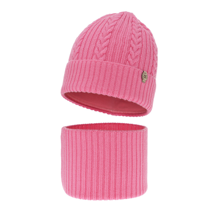 Ensemble d'hiver fille: bonnet et snood, rose, avec laine mérinos, Jenny