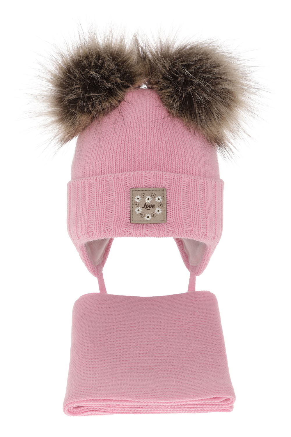 Ensemble d'hiver fille: bonnet et écharpe, rose, avec deux pompons, avec liens, Jazz
