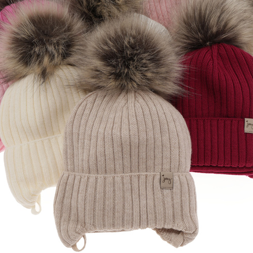 Ensemble d'hiver fille: bonnet et snood, jasnoróżowy, avec liens, 100% laine mérinos, avec pompon, Junika