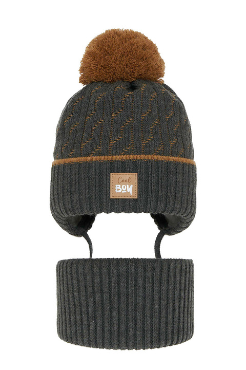 Ensemble d'hiver garçon: bonnet et snood, gris foncé, avec pompon, avec liens, Pikolo