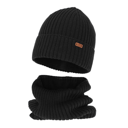 Ensemble d'hiver garçon: bonnet et snood, noir, doublé de polaire, avec laine mérinos, Palermo