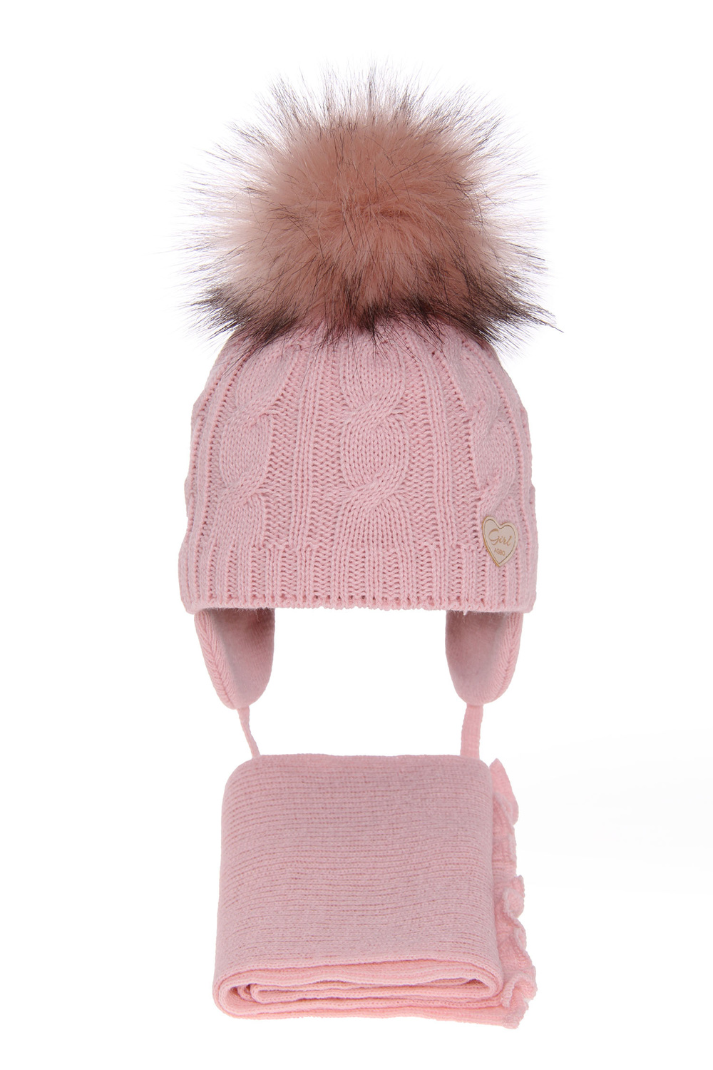 Ensemble d'hiver fille: bonnet et écharpe, rose, avec pompon, Morena