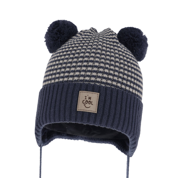 Bonnet automne/printemps garçon, bleu foncé, avec deux pompons, avec liens, Laurent