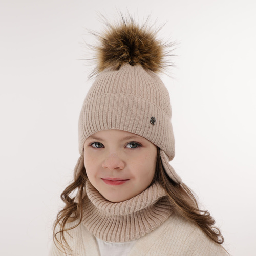 Ensemble d'hiver fille: bonnet et snood, rose, avec pompon, avec liens, Debra