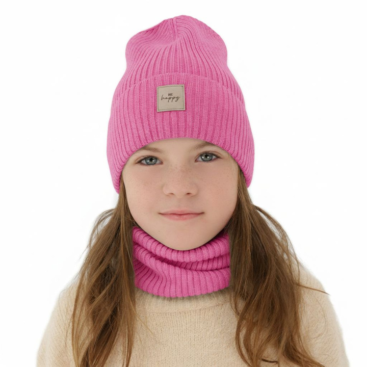 Ensemble automne/printemps fille: bonnet et snood, rose, avec laine mérinos, Vanita