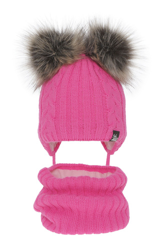 Ensemble d'hiver fille: bonnet et snood, rose, avec deux pompons, avec liens, Marlen