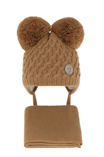 Ensemble d'hiver garçon: bonnet et écharpe, camel, avec deux pompons, Alonso
