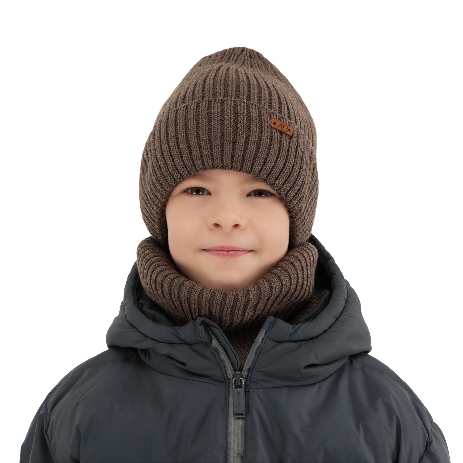 Ensemble d'hiver garçon: bonnet et snood, gris foncé, avec laine mérinos, doublé de polaire, Palermo