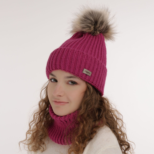 Ensemble d'hiver fille: bonnet et snood, blanc, avec pompon, Willow