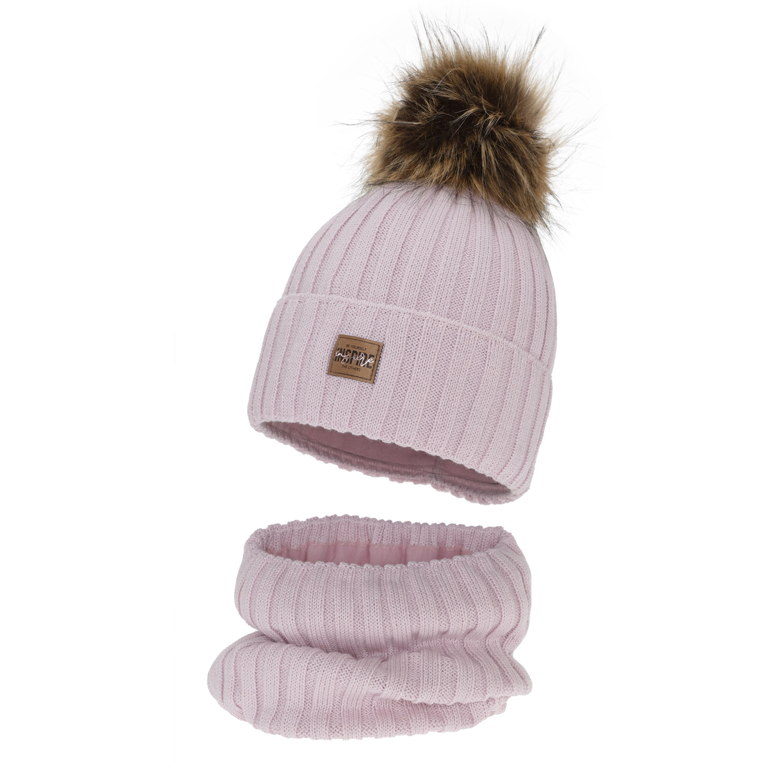 Ensemble d'hiver fille: bonnet et snood, liliowy, doublé de polaire, avec laine mérinos, Bellina