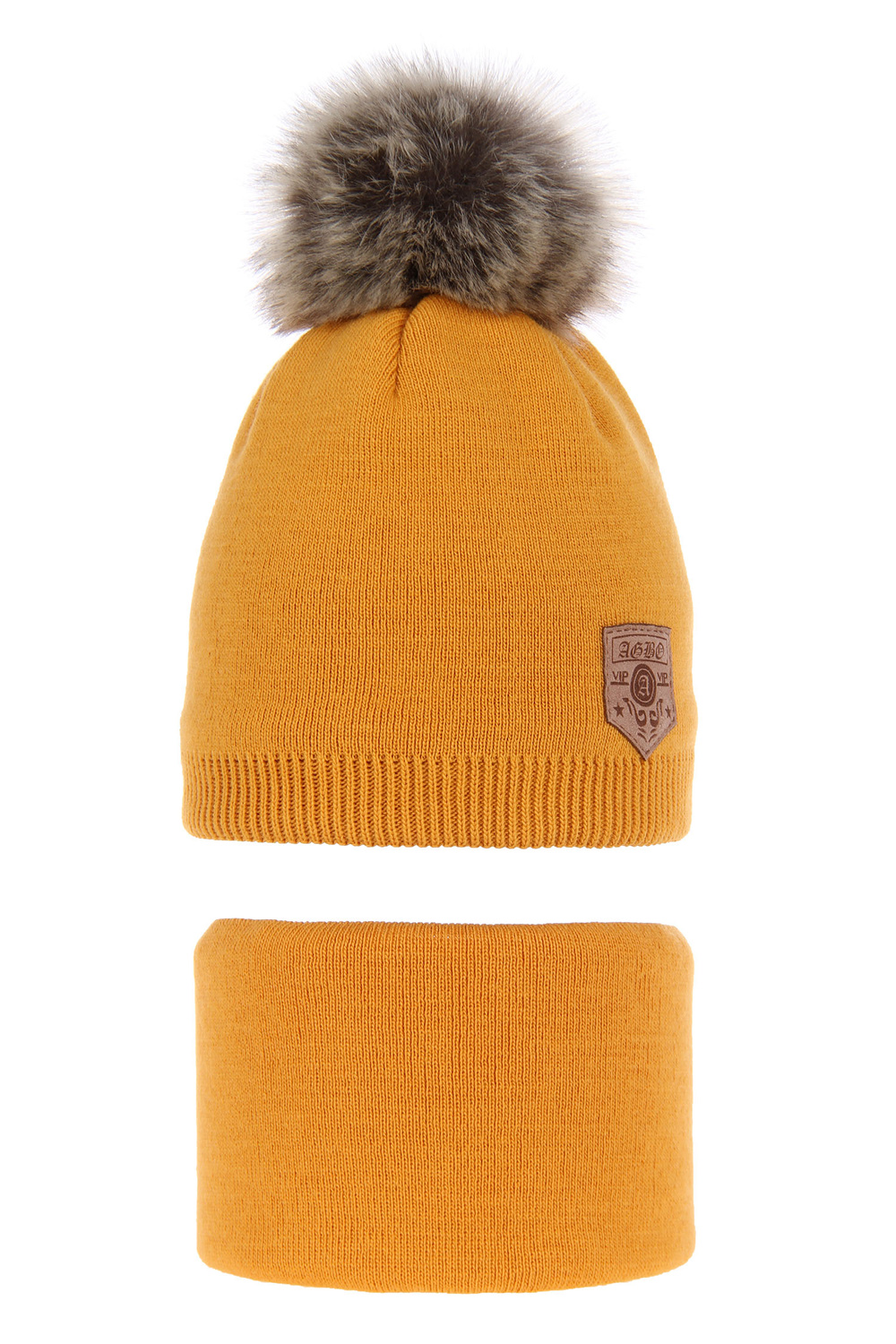 Ensemble d'hiver garçon: bonnet et snood, miel, avec pompon, Apolin