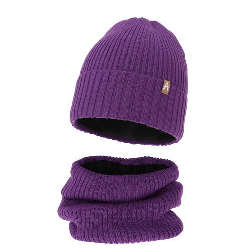 Ensemble d'hiver fille: bonnet et snood, violet, doublé de polaire, avec laine mérinos, Peggy