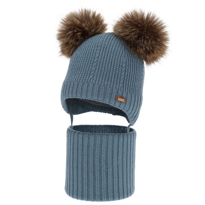 Ensemble bonnet et tour de cou garçon, hiver, bleu, 100% laine mérinos, doublé polaire laine, Lumio