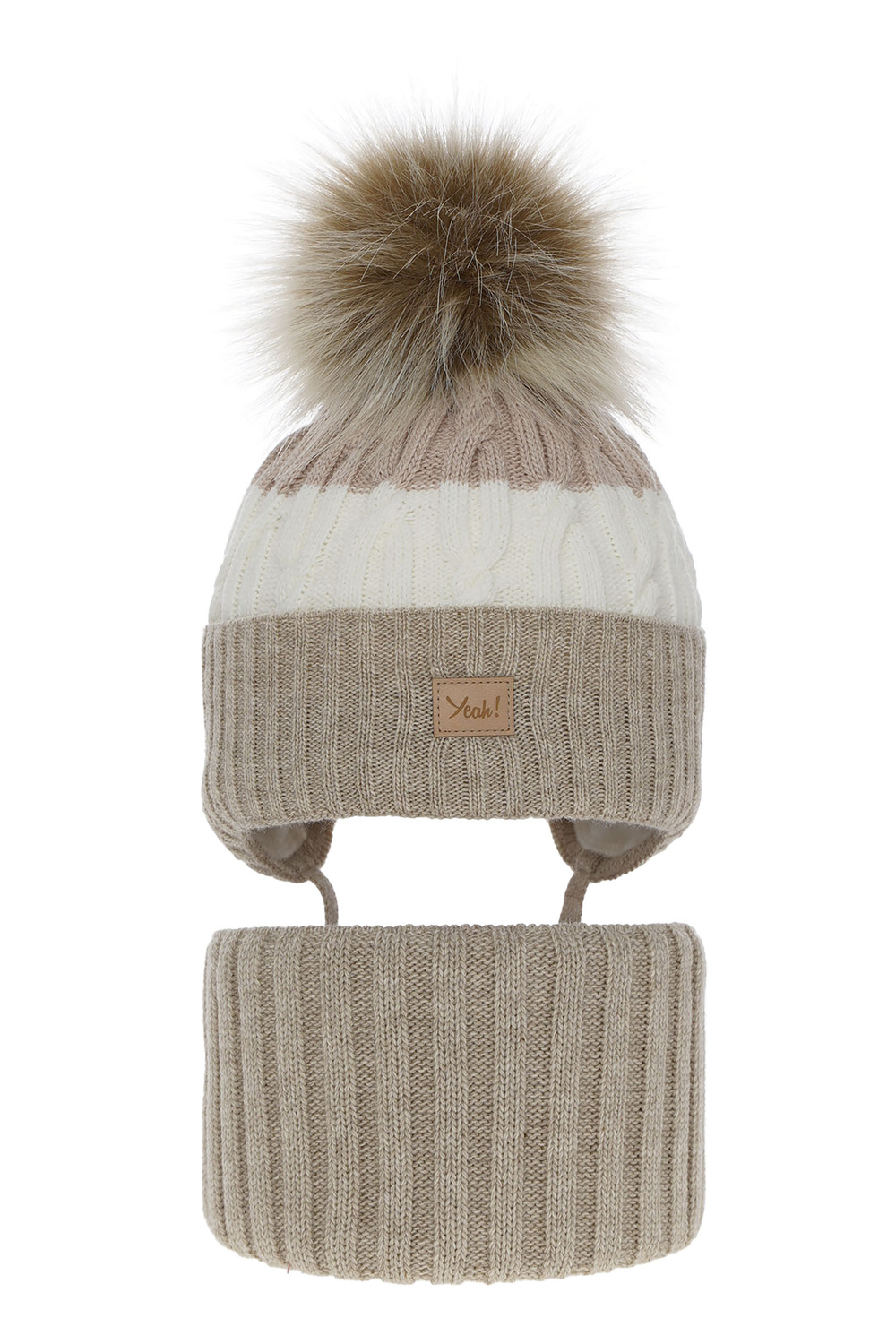 Ensemble d'hiver fille: bonnet et snood, beige, avec pompon, Riviera