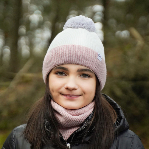Ensemble d'hiver fille: bonnet et snood, gris, avec pompon, Rosalin