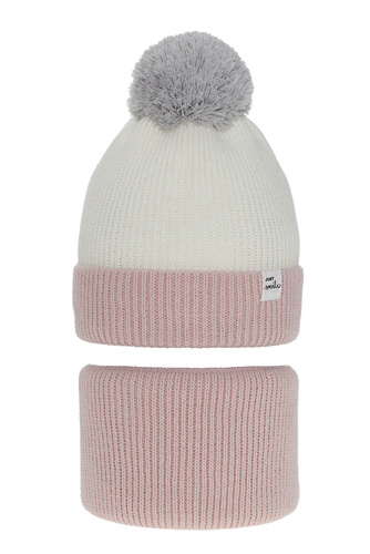 Ensemble d'hiver fille: bonnet et snood, rose, avec pompon, Rosalin