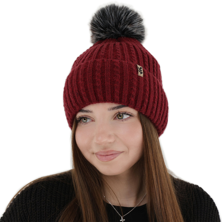 Bonnet d'hiver femme, bordeau, avec pompon, Calista