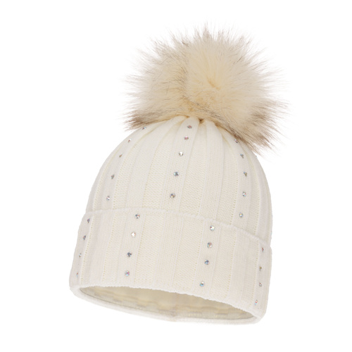 Bonnet d'hiver femme, crème, avec pompon, Mada