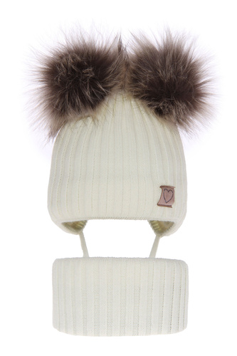 Ensemble d'hiver fille: bonnet et snood, écru, avec deux pompons, avec liens, Telisa