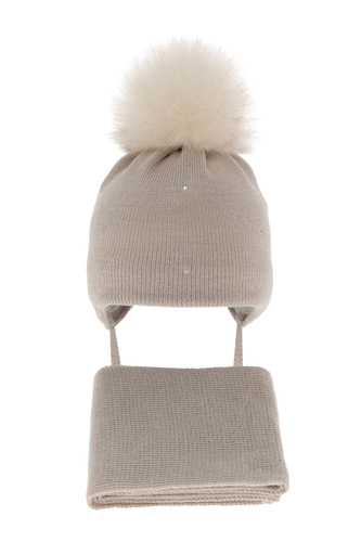 Ensemble d'hiver fille: bonnet et écharpe, beige, avec laine mérinos, Rosalina