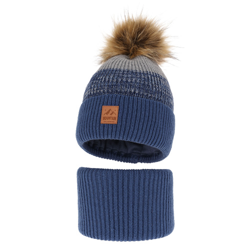 Ensemble d'hiver garçon: bonnet et snood, bleu, avec pompon, Buffalo