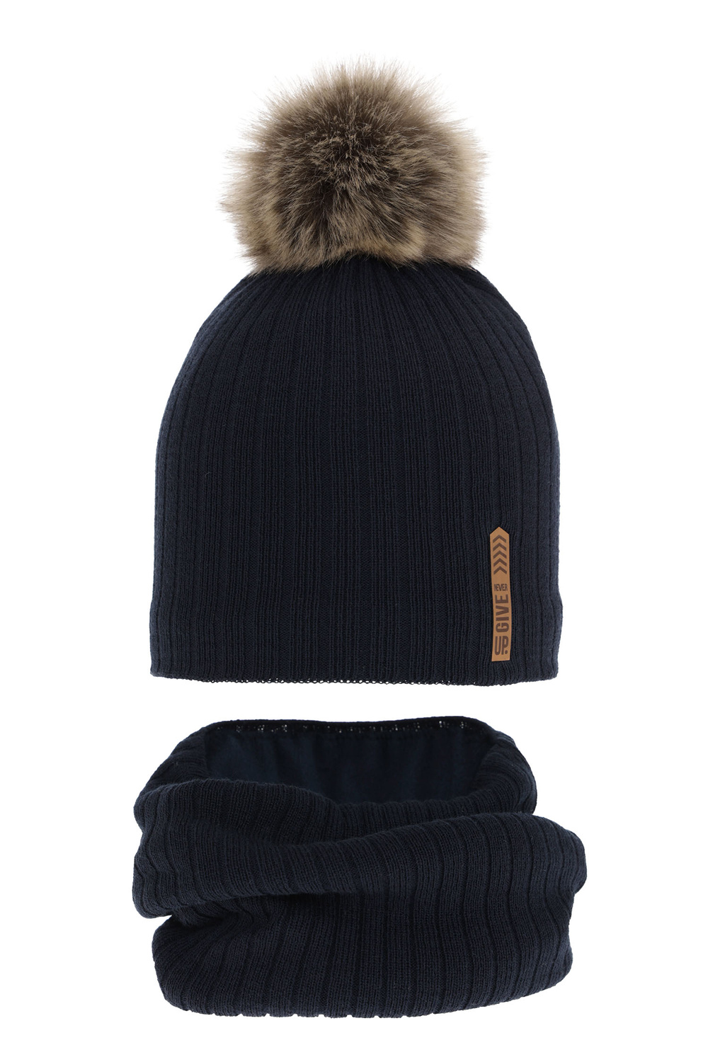 Ensemble d'hiver garçon: bonnet et snood, bleu marine, avec pompon, Kalen