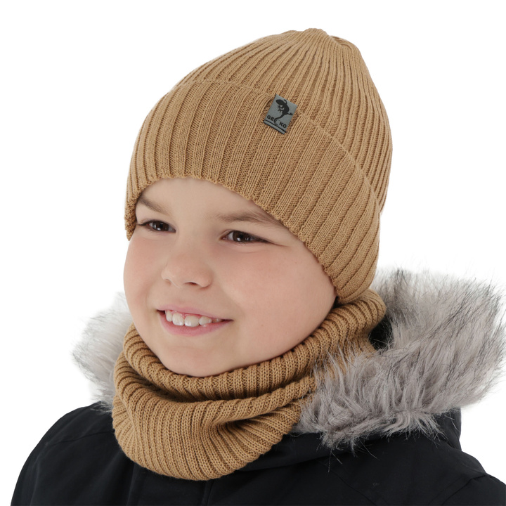 Ensemble d'hiver garçon: bonnet et snood, camel, avec laine mérinos, doublé de polaire, Gecko