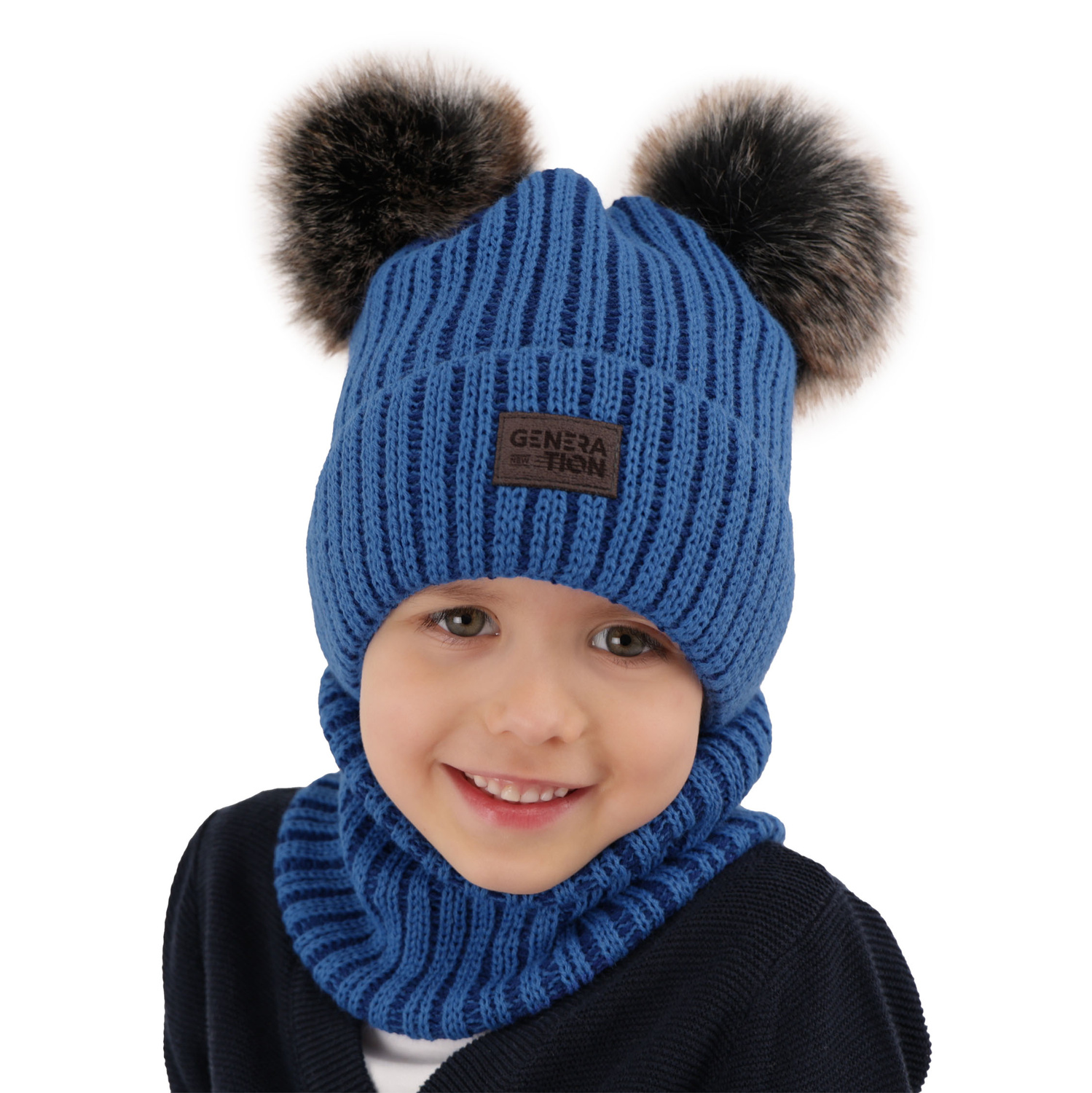 Ensemble d'hiver garçon: bonnet et snood, vert, avec deux pompons, Tokio