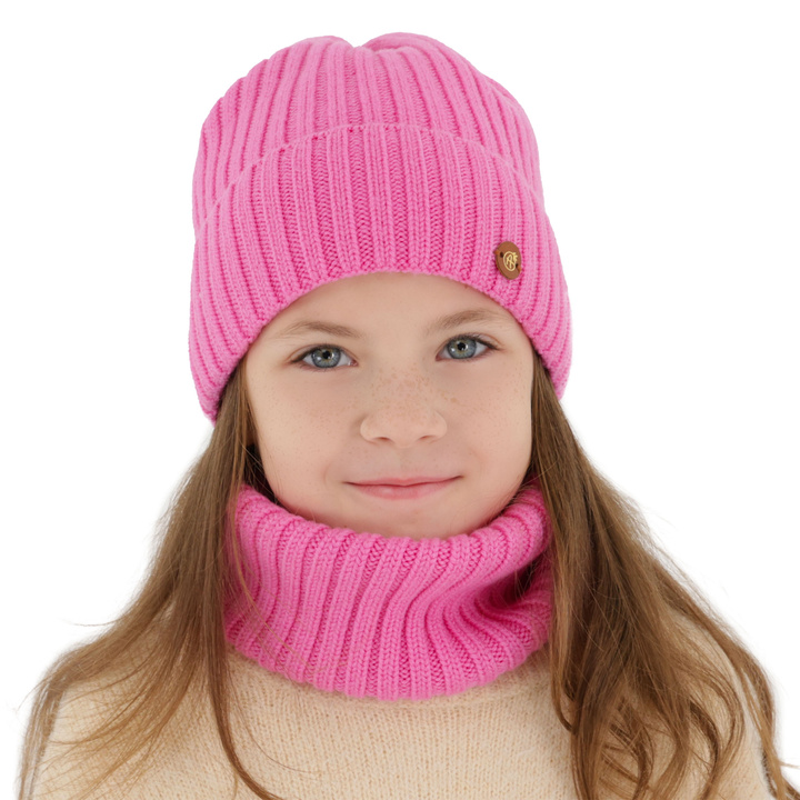 Ensemble d'hiver fille: bonnet et snood, rose, 100% laine mérinos, doublé de coton, Vanira
