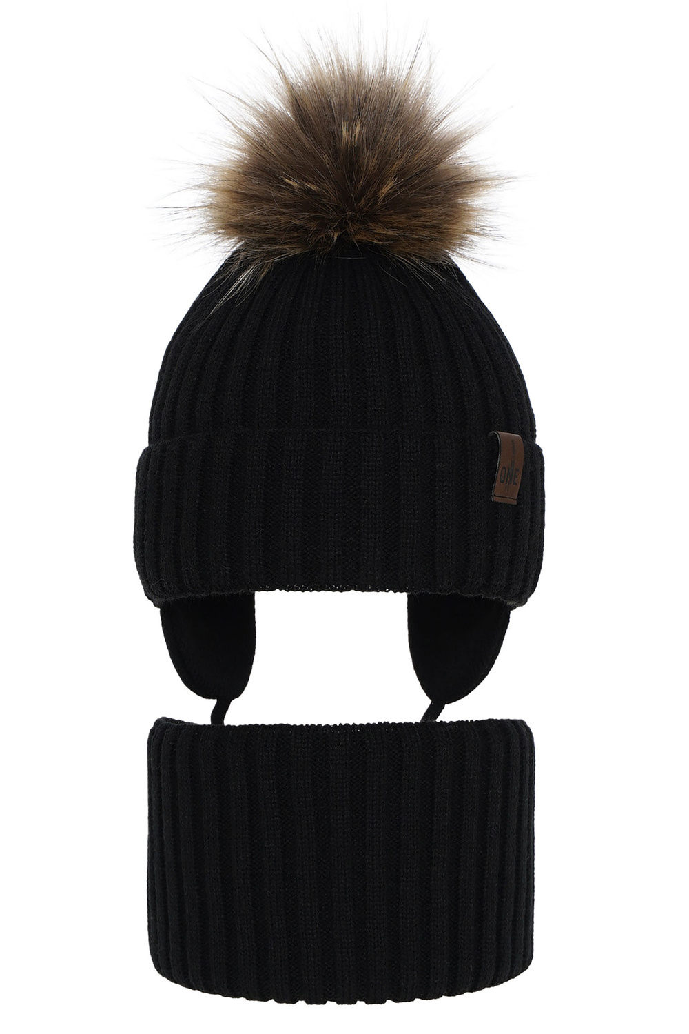 Ensemble d'hiver garçon: bonnet et snood, noir, avec pompon, avec liens, Puzel