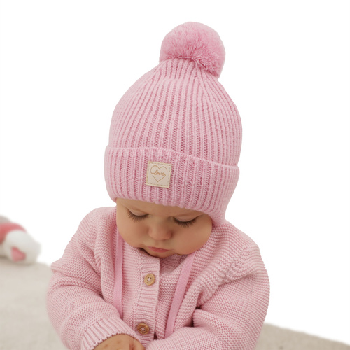Bonnet d'hiver fille, rose, avec pompon, avec laine mérinos, doublé de coton, avec liens, Havana